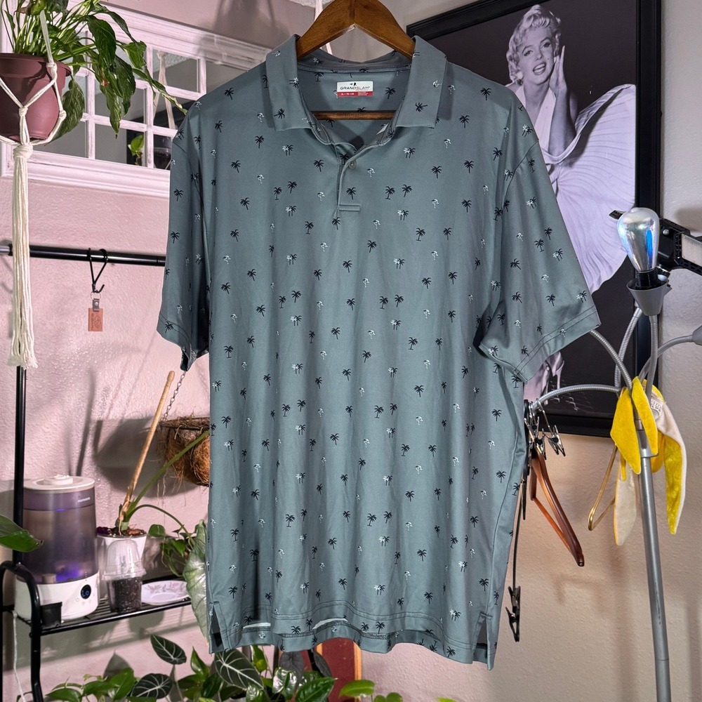 Grand Slam Performance Mens XL Palm Tree Print Golf Polo Shirt Short Sleeve